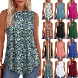Solid Color or Floral Round Neck Loose Sleeveless Casual T-shirt