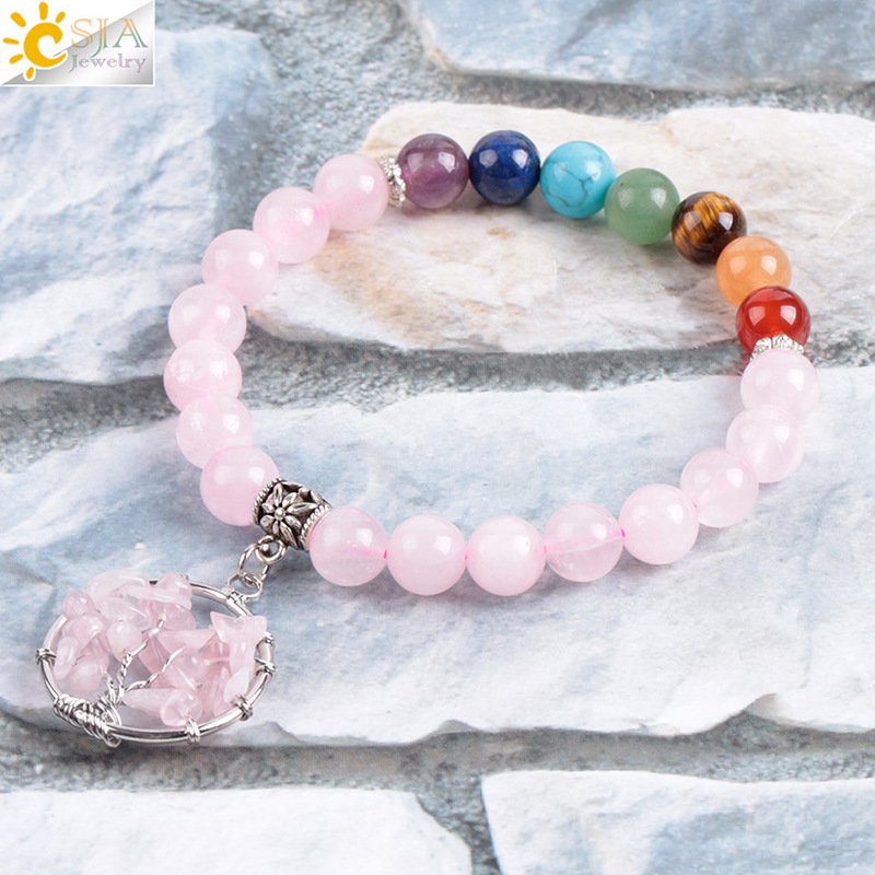 Rose Quartz With Mixed Semi-Precious Stones Tree of Life Bracelet - Image 2