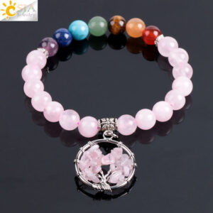 Rose Quartz With Mixed Semi-Precious Stones Tree of Life Bracelet