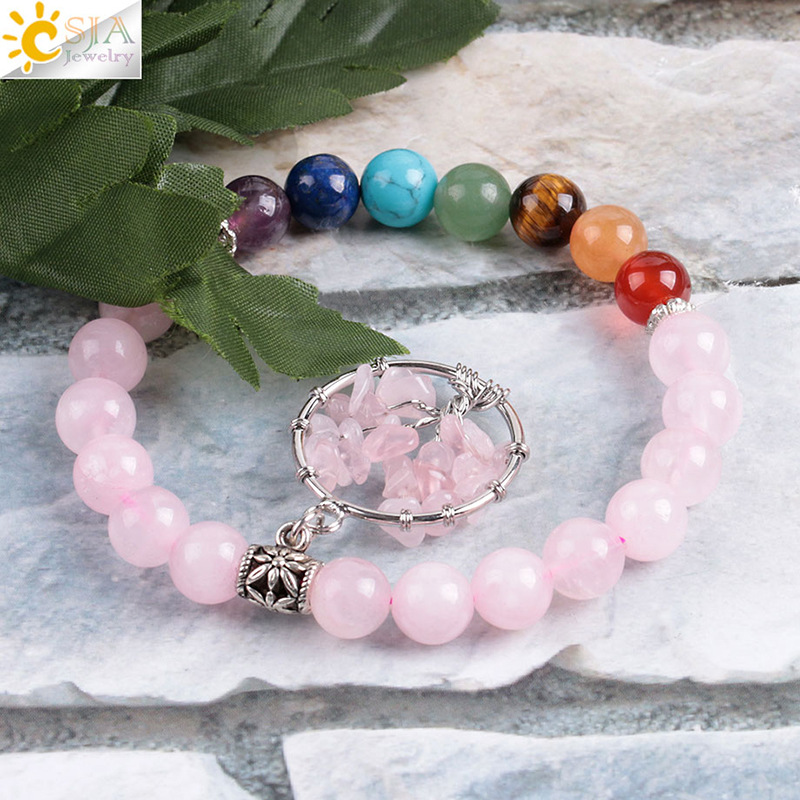 Rose Quartz With Mixed Semi-Precious Stones Tree of Life Bracelet - Image 4