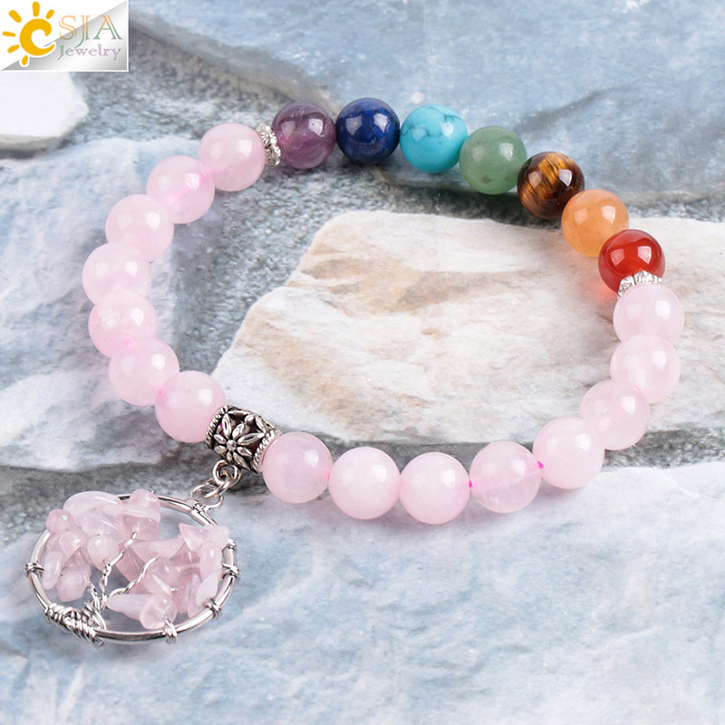 Rose Quartz With Mixed Semi-Precious Stones Tree of Life Bracelet - Image 7